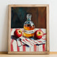 Apple Vinegar – on Striped Tablecloth, Shelf Stock Print, no-text version framed in wood