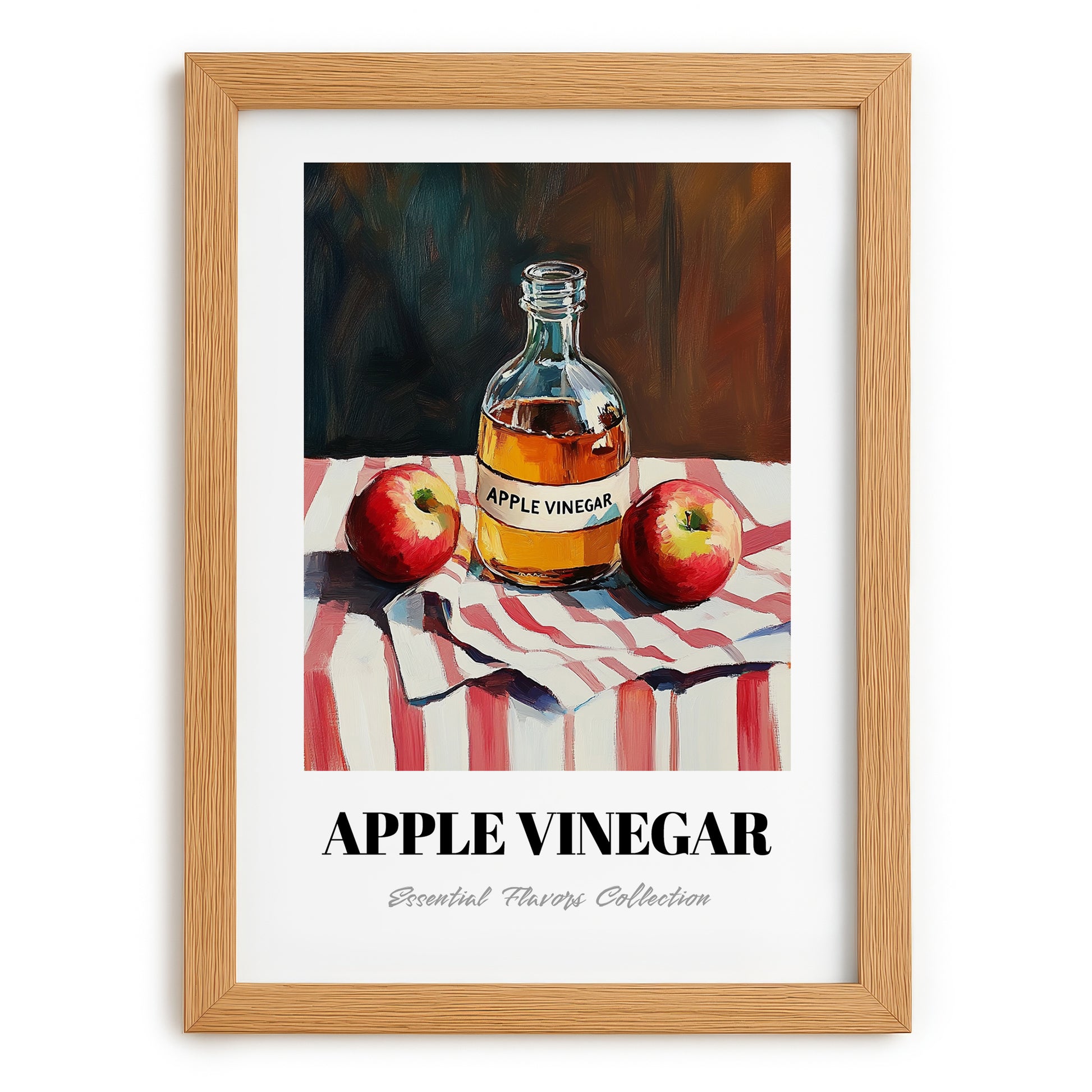 Apple Vinegar – on Striped Tablecloth, Shelf Stock Print, set in oak frame