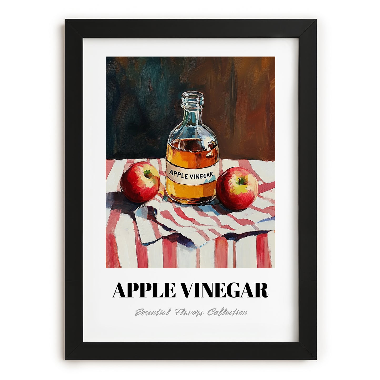 Apple Vinegar – on Striped Tablecloth, Shelf Stock Print, in sleek black frame