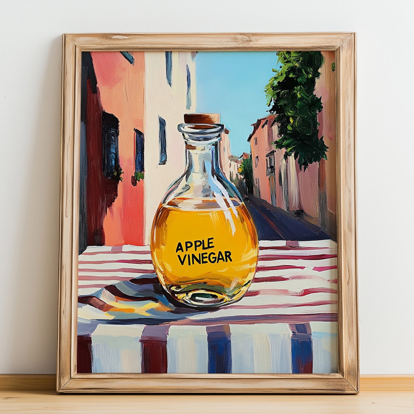 Apple Vinegar – Italian Urban Café Scene, Kitchen Storage Painting, no-text version framed in wood