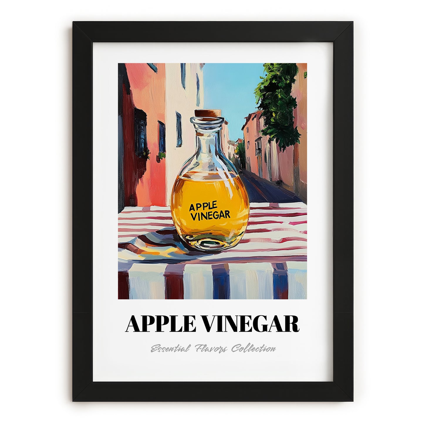 Apple Vinegar – Italian Urban Café Scene, Kitchen Storage Painting, in sleek black frame