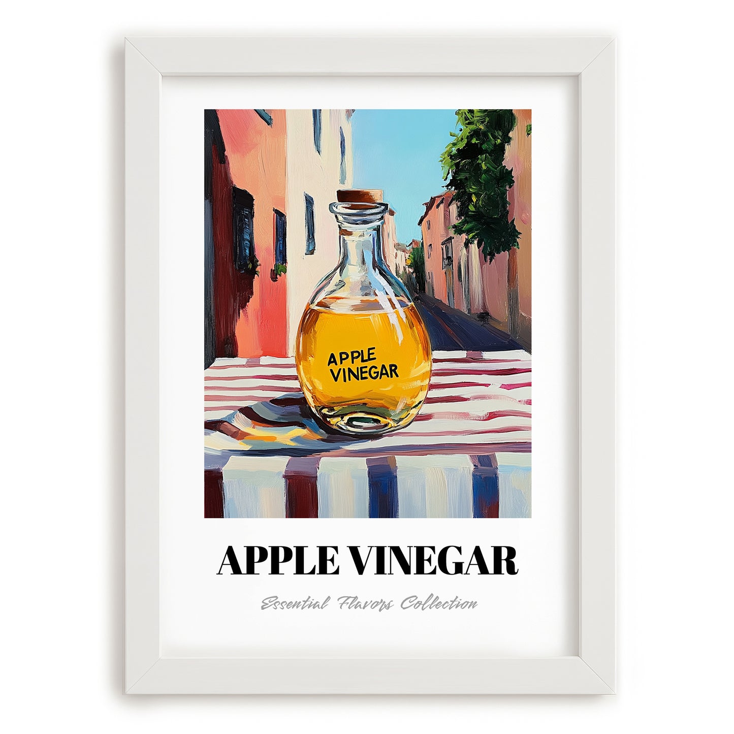 Apple Vinegar – Italian Urban Café Scene, Kitchen Storage Painting, placed in minimal white frame