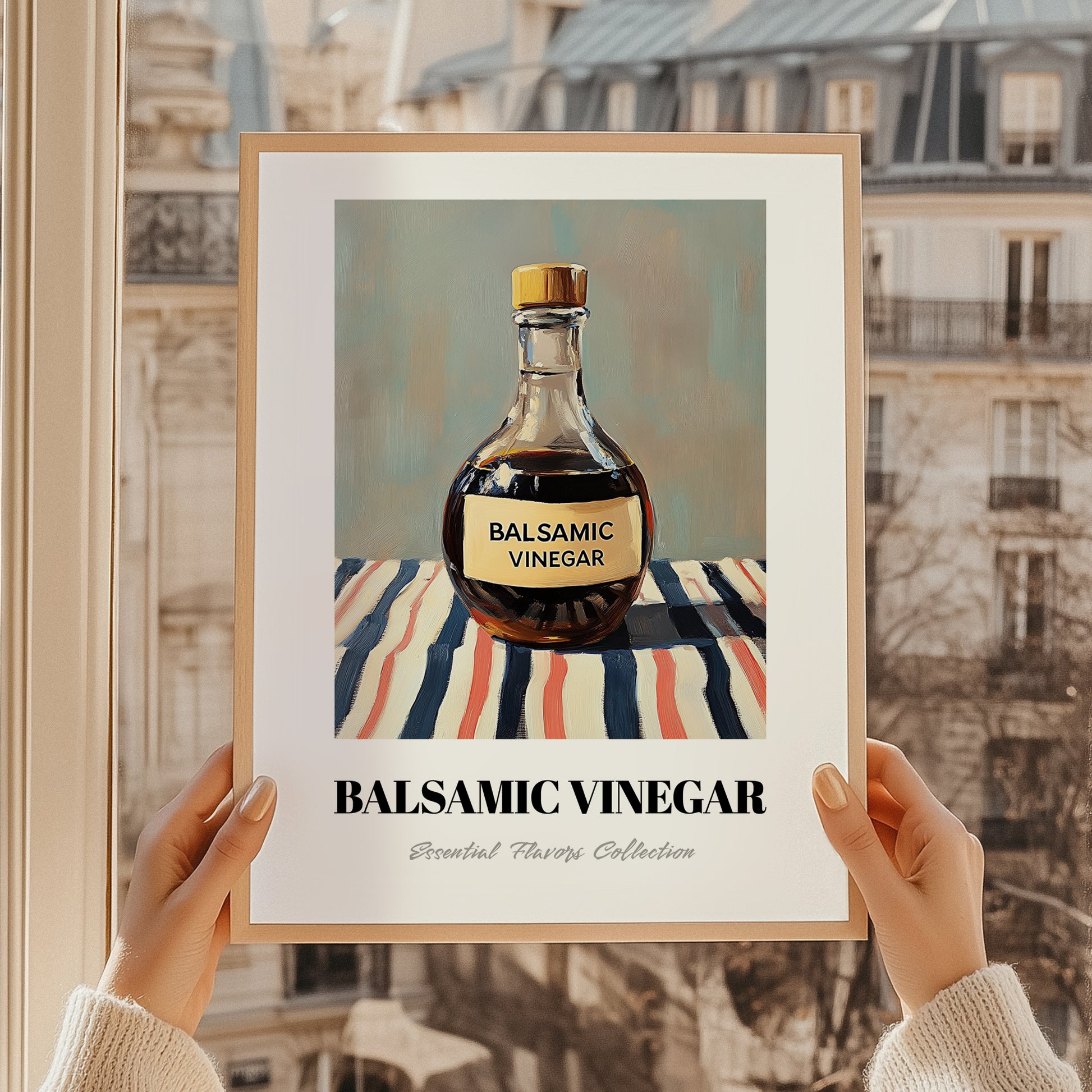 Balsamic Vinegar – on Striped Tablecloth, Pantry Painting, styled in a charming Paris street view