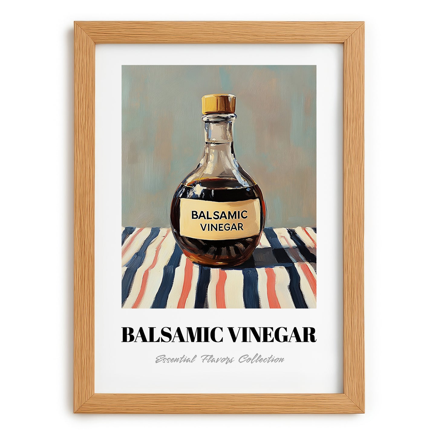 Balsamic Vinegar – on Striped Tablecloth, Pantry Painting, set in oak frame