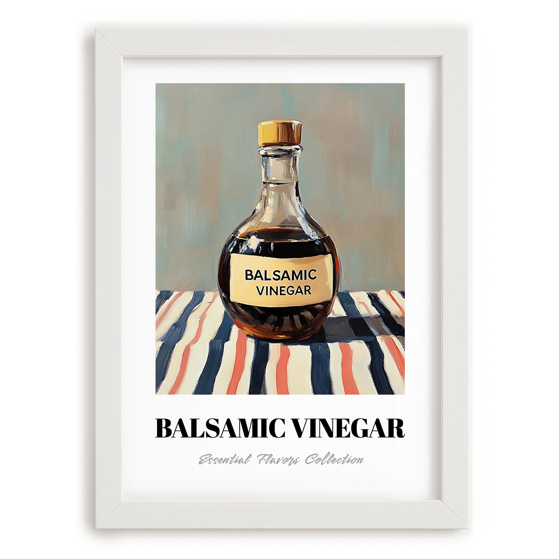 Balsamic Vinegar – on Striped Tablecloth, Pantry Painting, placed in minimal white frame
