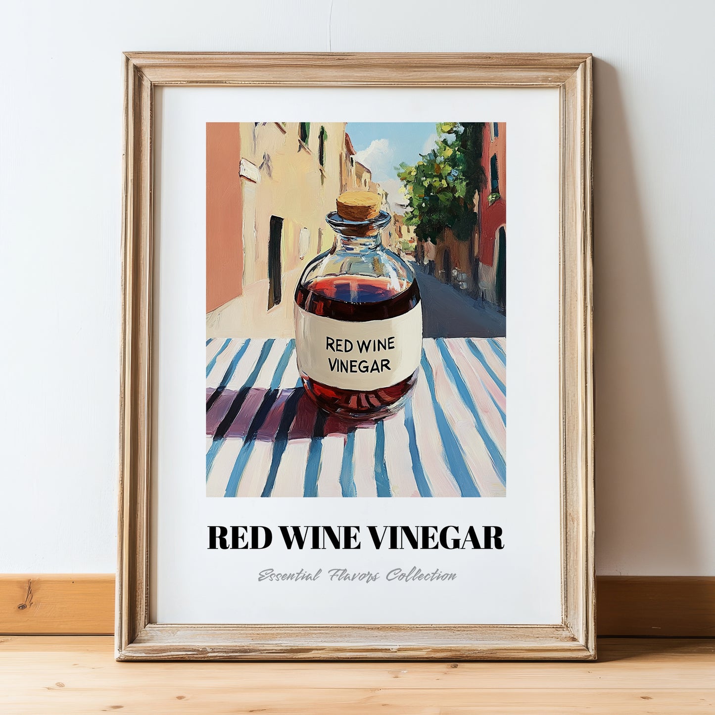 Red Wine Vinegar – Italian Café on the Corner, Pantry Wall Decor, in wooden frame leaning on the floor