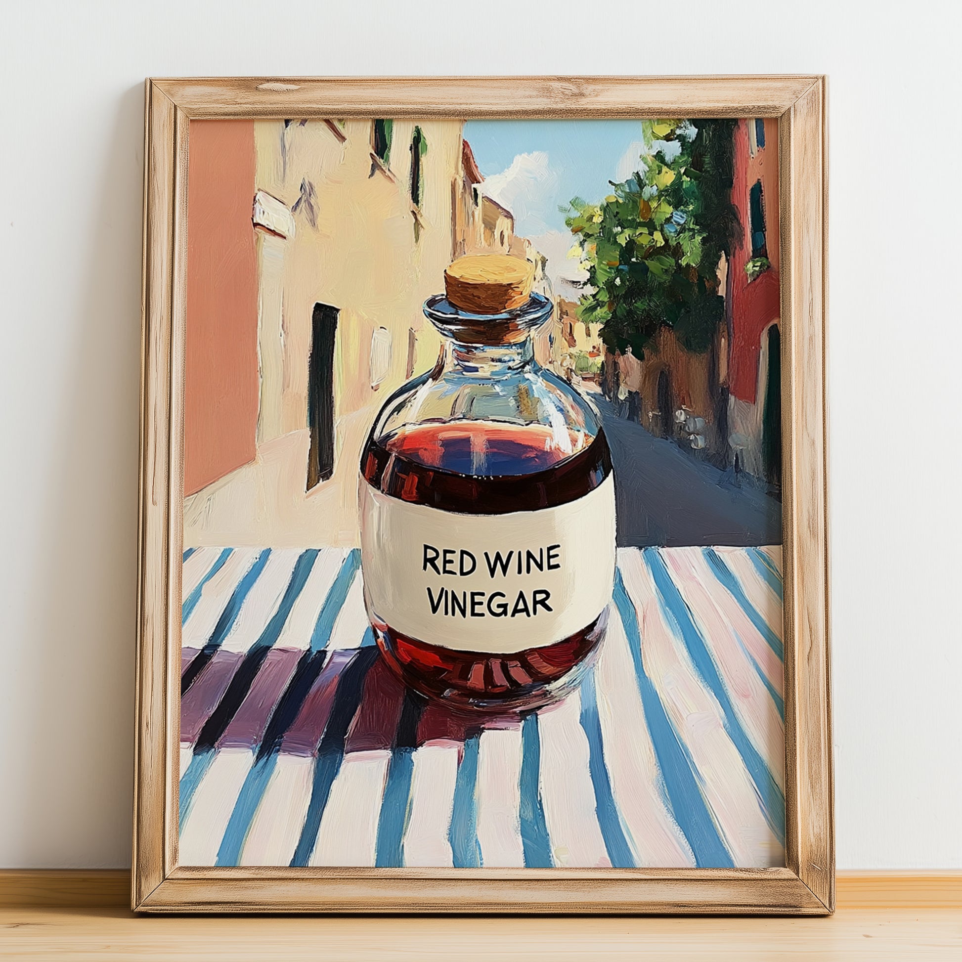Red Wine Vinegar – Italian Café on the Corner, Pantry Wall Decor, no-text version framed in wood
