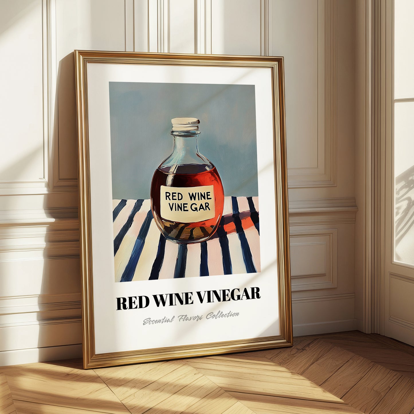 Red Wine Vinegar – on Striped Tablecloth, Shelf Stock Wall Decor
