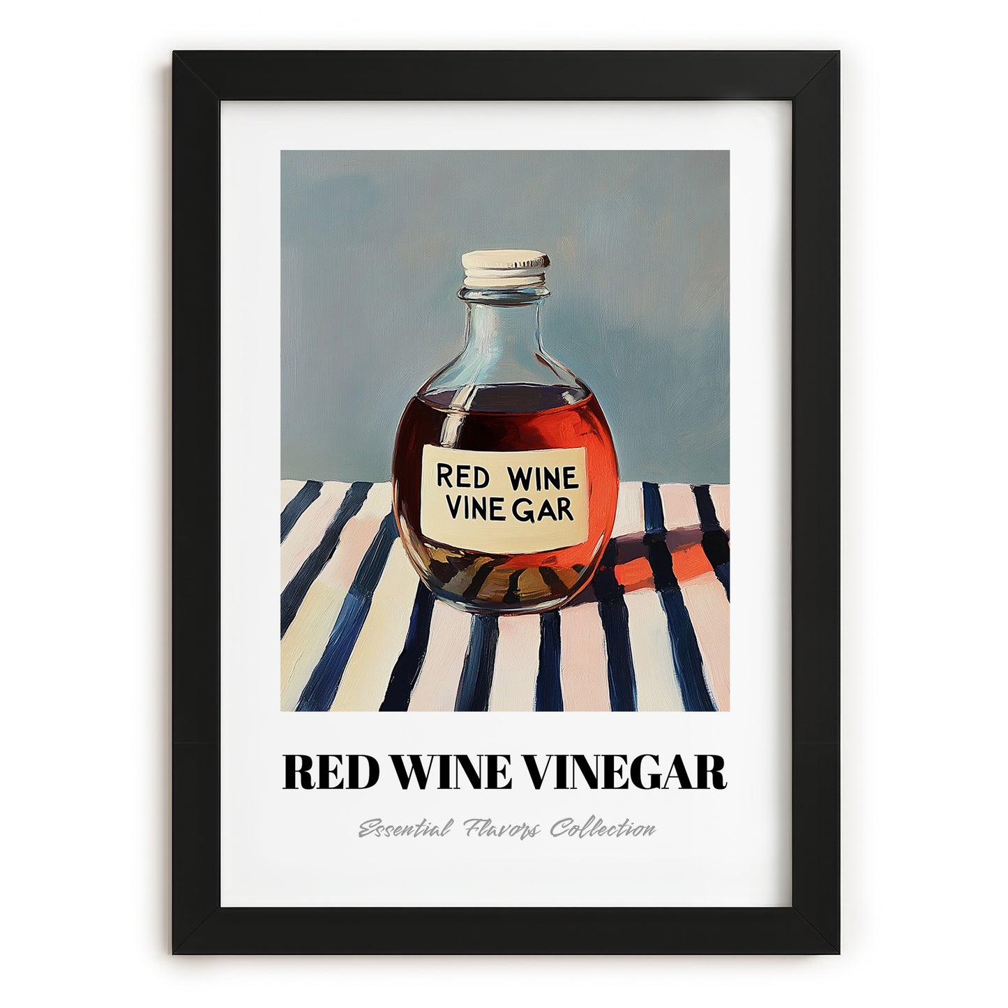 Red Wine Vinegar – on Striped Tablecloth, Shelf Stock Wall Decor, in sleek black frame