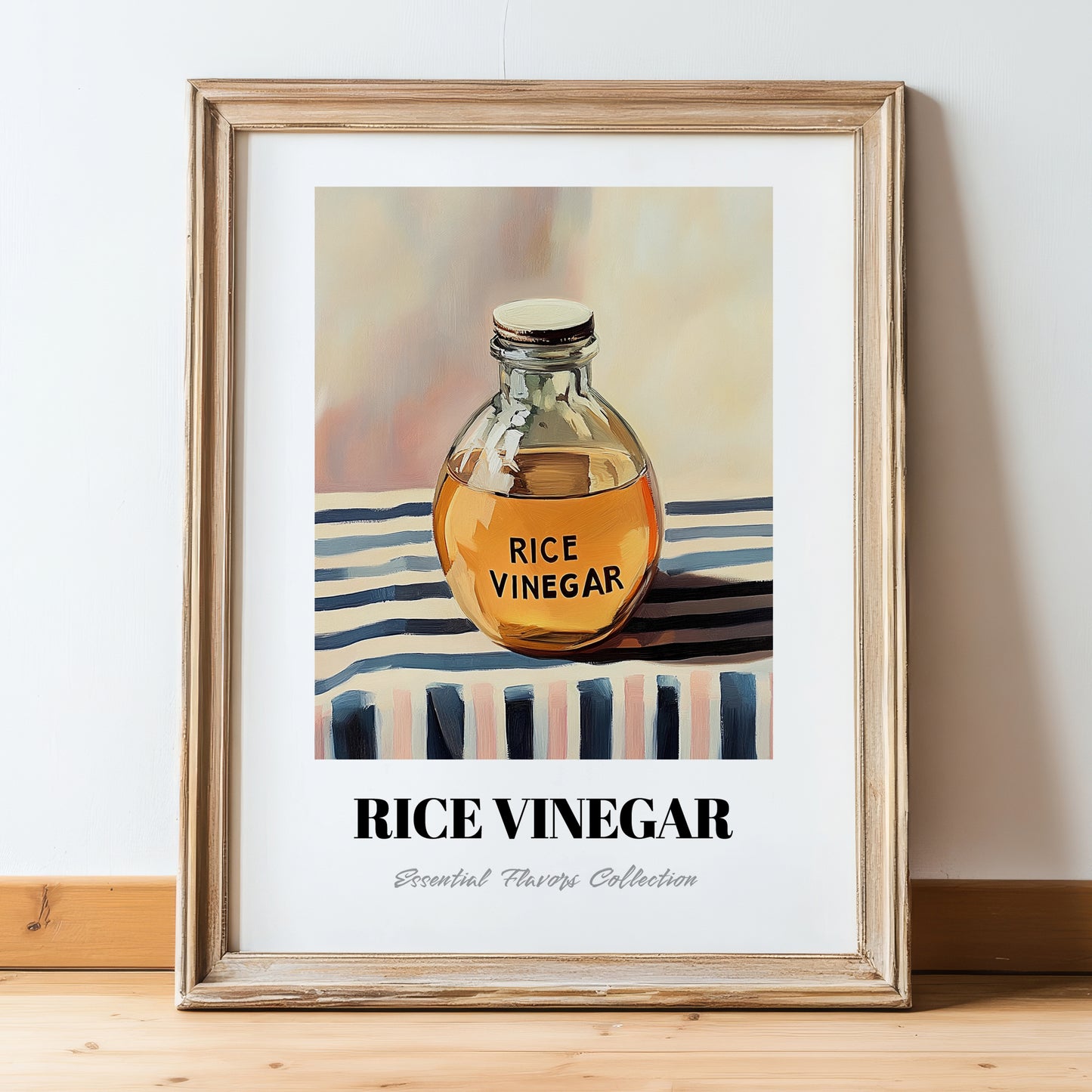 Rice Vinegar – on Striped Tablecloth, Pantry Painting, in wooden frame leaning on the floor