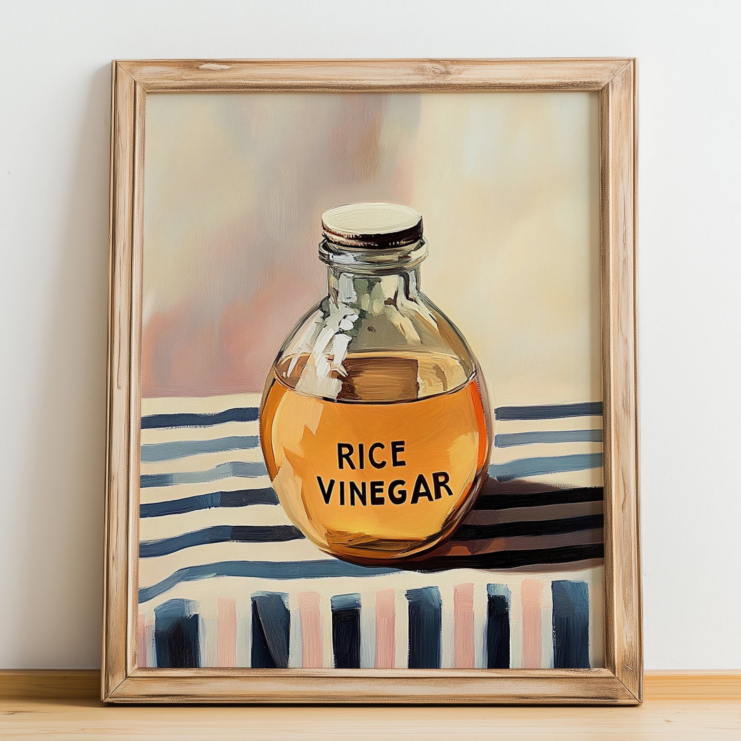 Rice Vinegar – on Striped Tablecloth, Pantry Painting, no-text version framed in wood