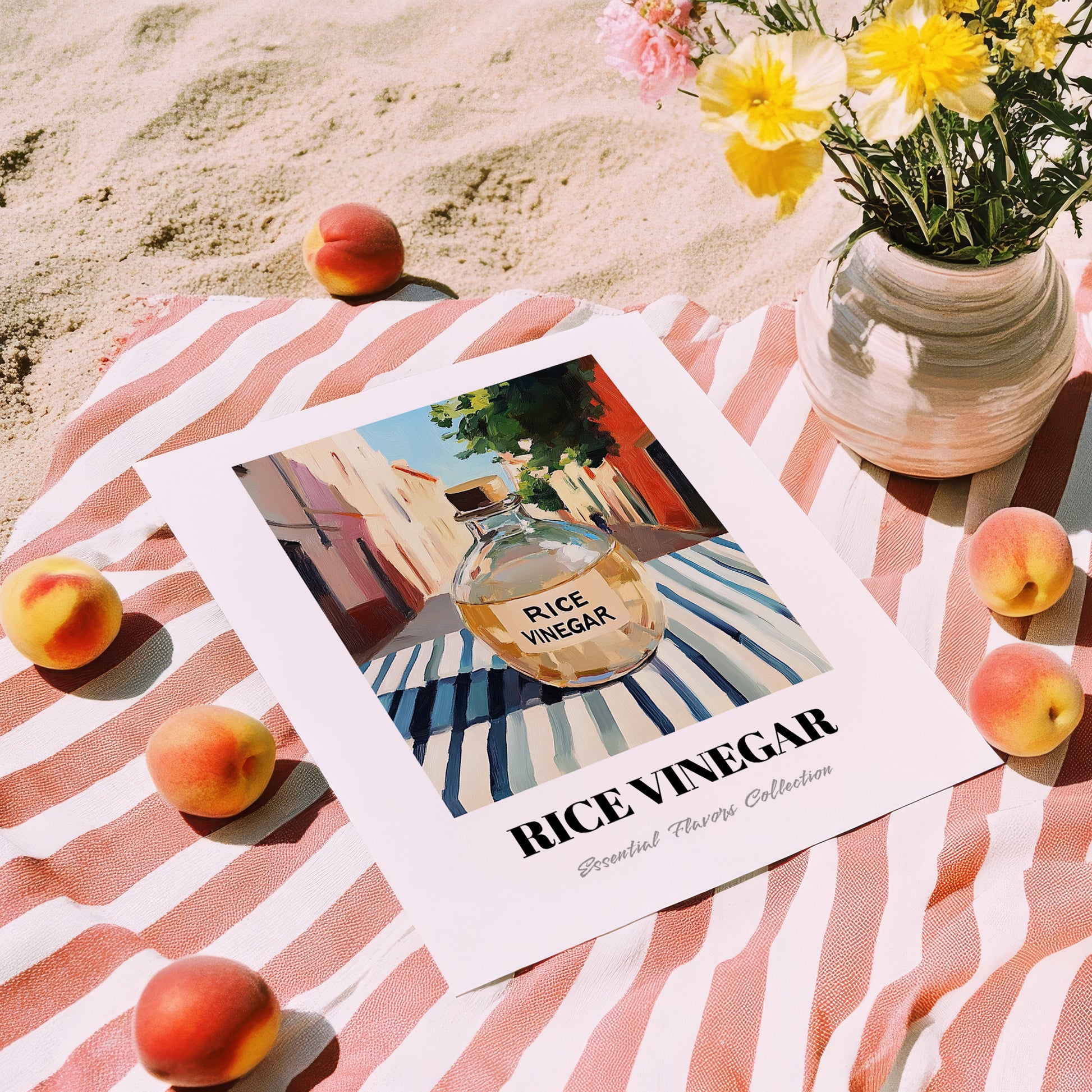 Rice Vinegar – Italian Outdoor Café Scene, Shelf Stock Still Life, unframed on coastal sand