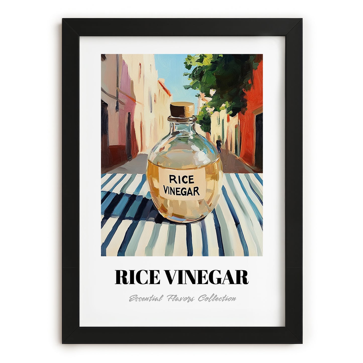 Rice Vinegar – Italian Outdoor Café Scene, Shelf Stock Still Life, in sleek black frame