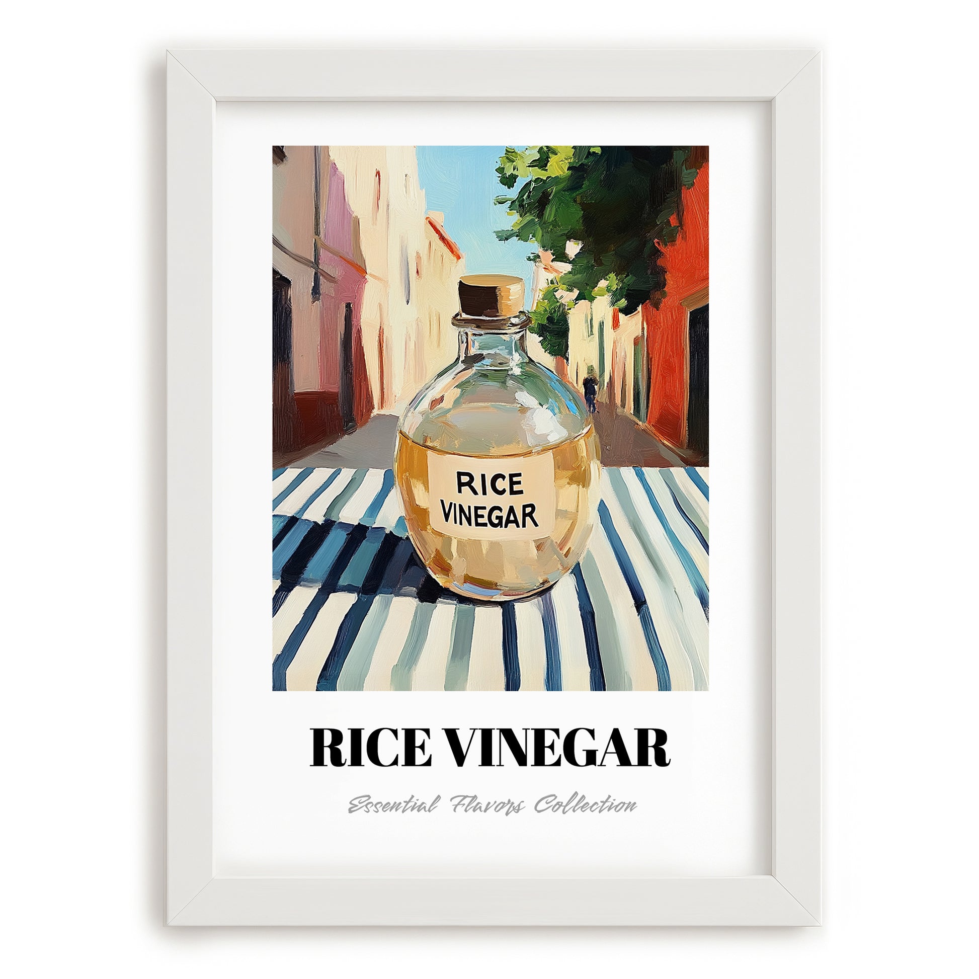 Rice Vinegar – Italian Outdoor Café Scene, Shelf Stock Still Life, placed in minimal white frame