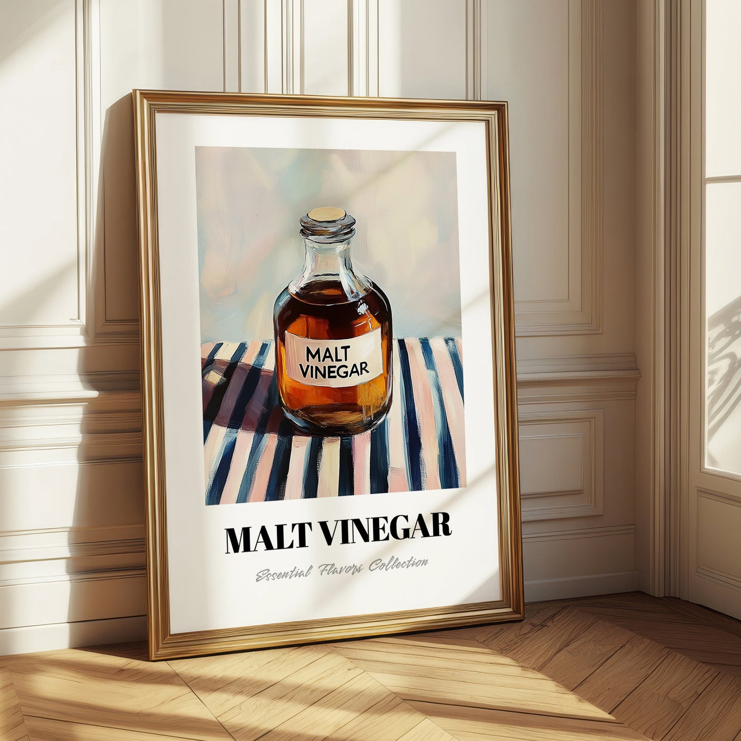 Malt Vinegar – on Striped Tablecloth, Food Stash Still Life