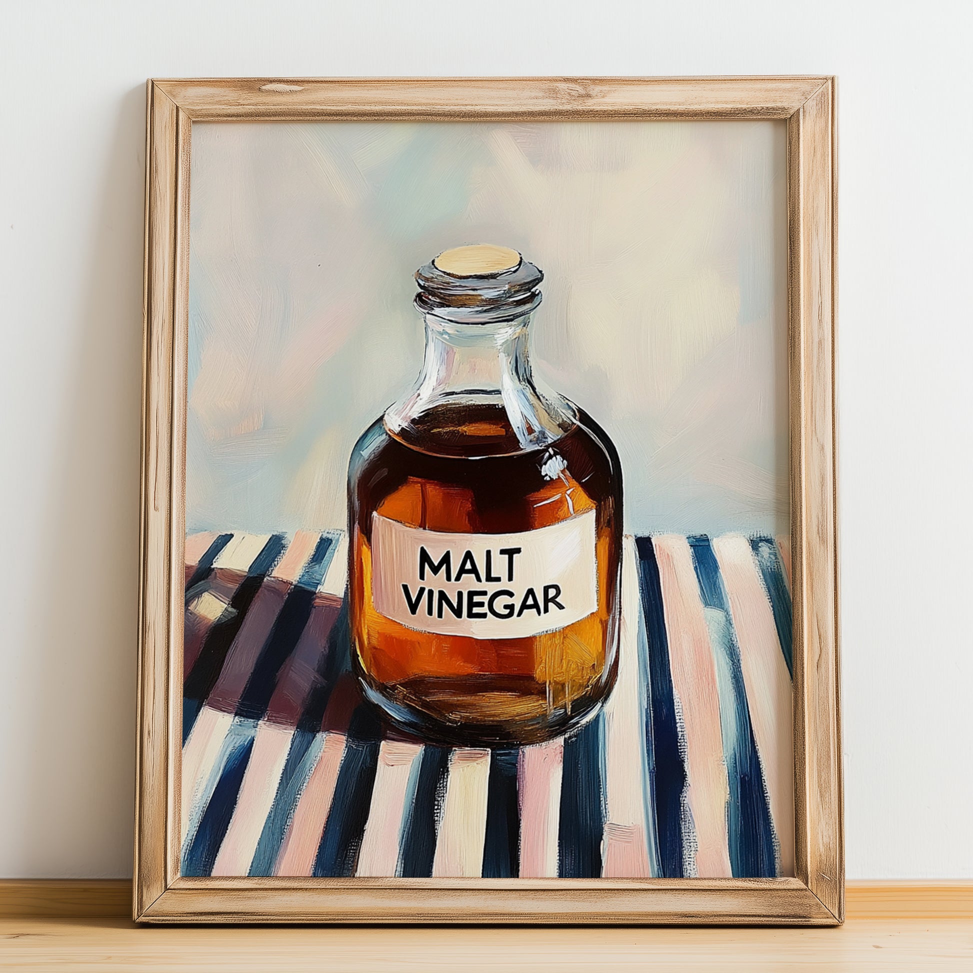 Malt Vinegar – on Striped Tablecloth, Food Stash Still Life, no-text version framed in wood