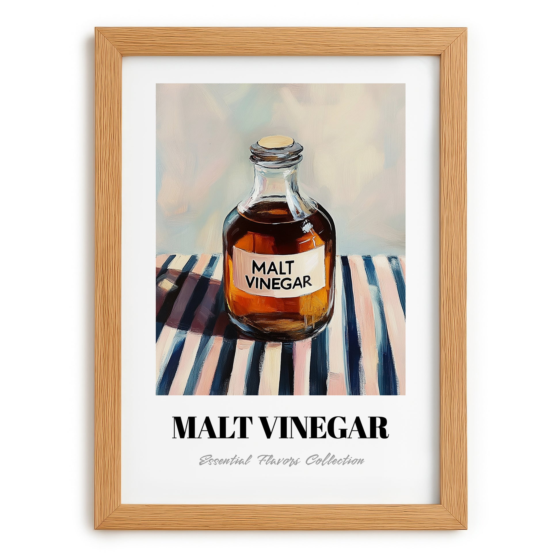 Malt Vinegar – on Striped Tablecloth, Food Stash Still Life, set in oak frame