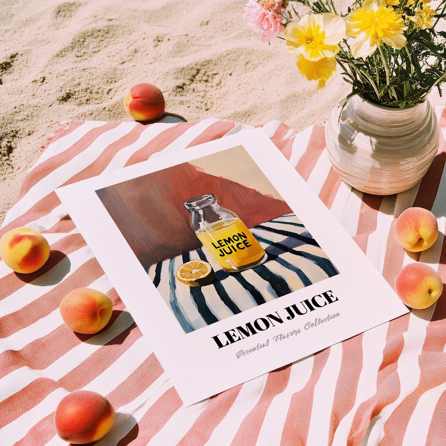 Lemon Juice – on Striped Tablecloth, Ingredients Corner Wall Art, unframed on coastal sand
