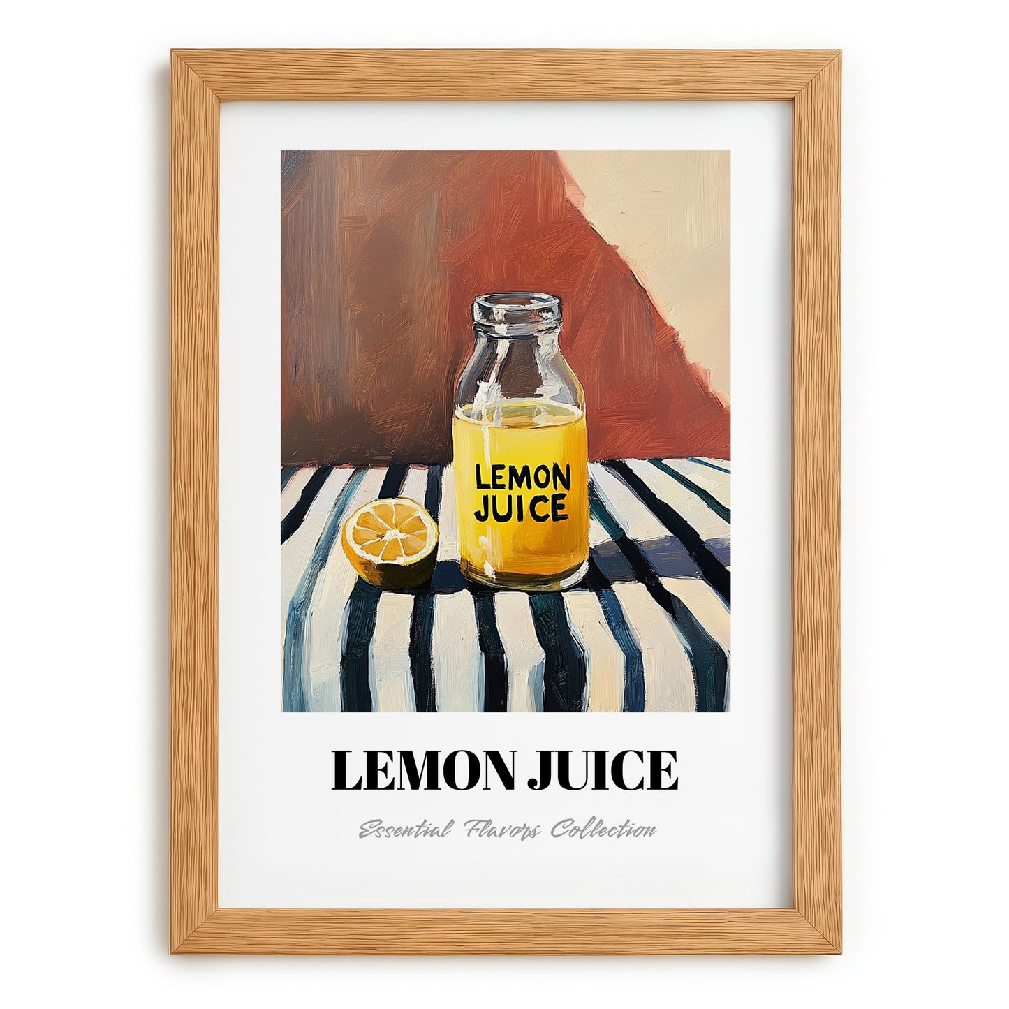 Lemon Juice – on Striped Tablecloth, Ingredients Corner Wall Art, set in oak frame