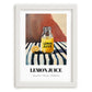 Lemon Juice – on Striped Tablecloth, Ingredients Corner Wall Art, placed in minimal white frame