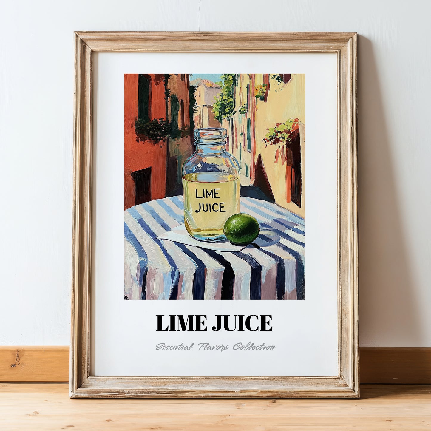 Lime Juice – Italian Street Café Scene, Pantry Still Life, in wooden frame leaning on the floor