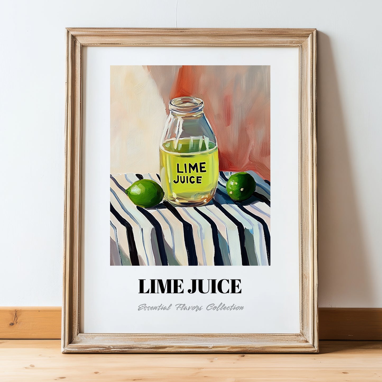 Lime Juice – on Striped Tablecloth, Food Shelf Still Life, in wooden frame leaning on the floor