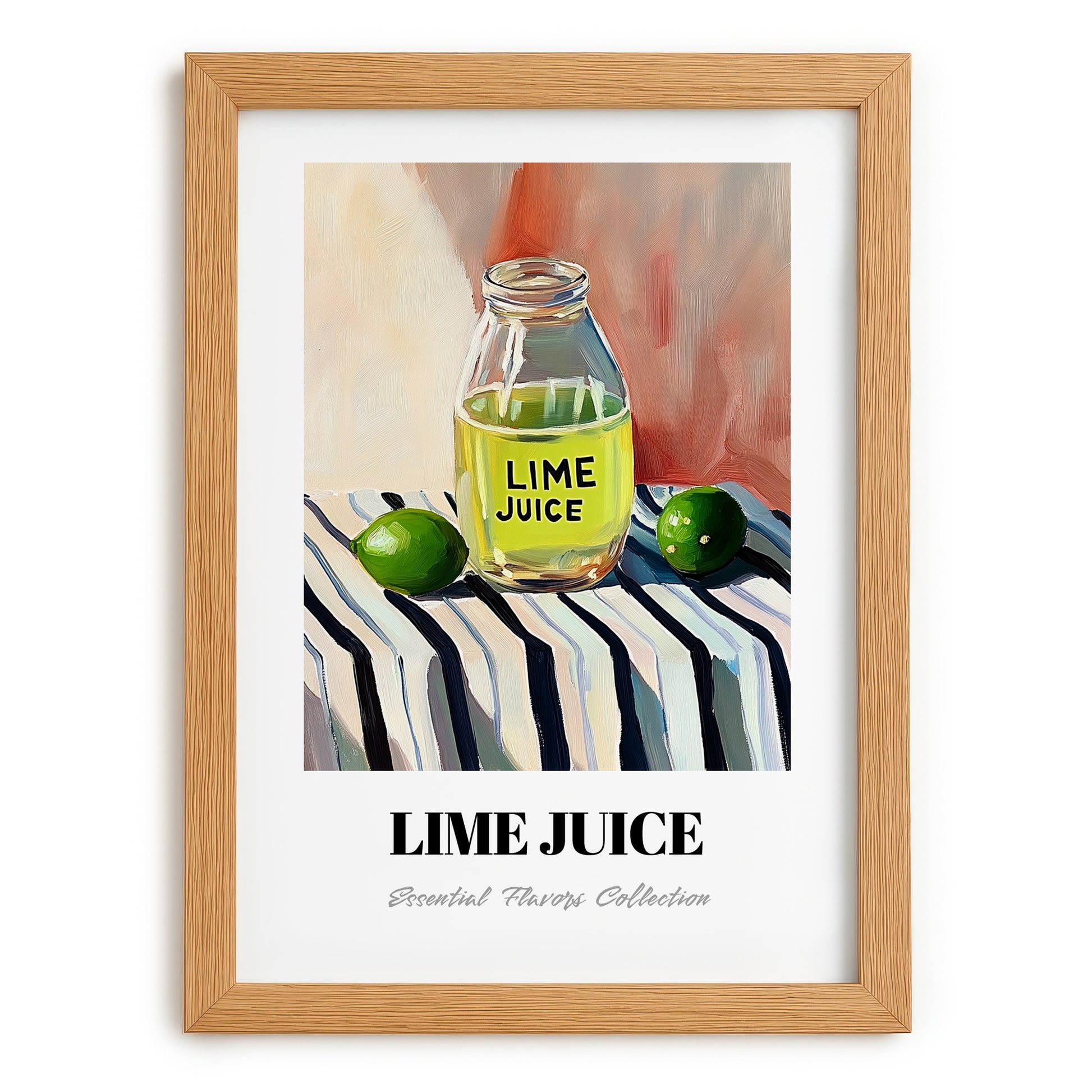 Lime Juice – on Striped Tablecloth, Food Shelf Still Life, set in oak frame