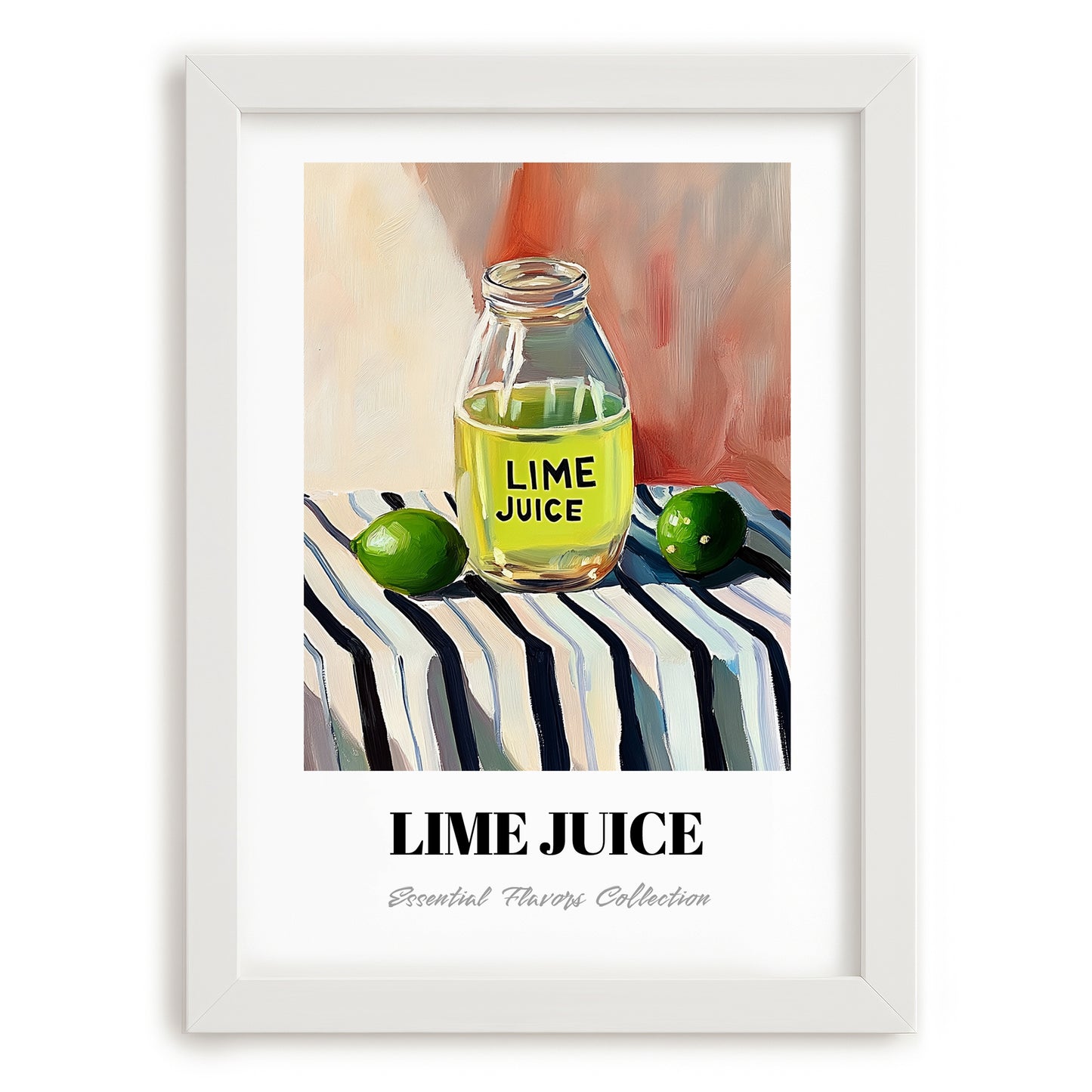 Lime Juice – on Striped Tablecloth, Food Shelf Still Life, placed in minimal white frame