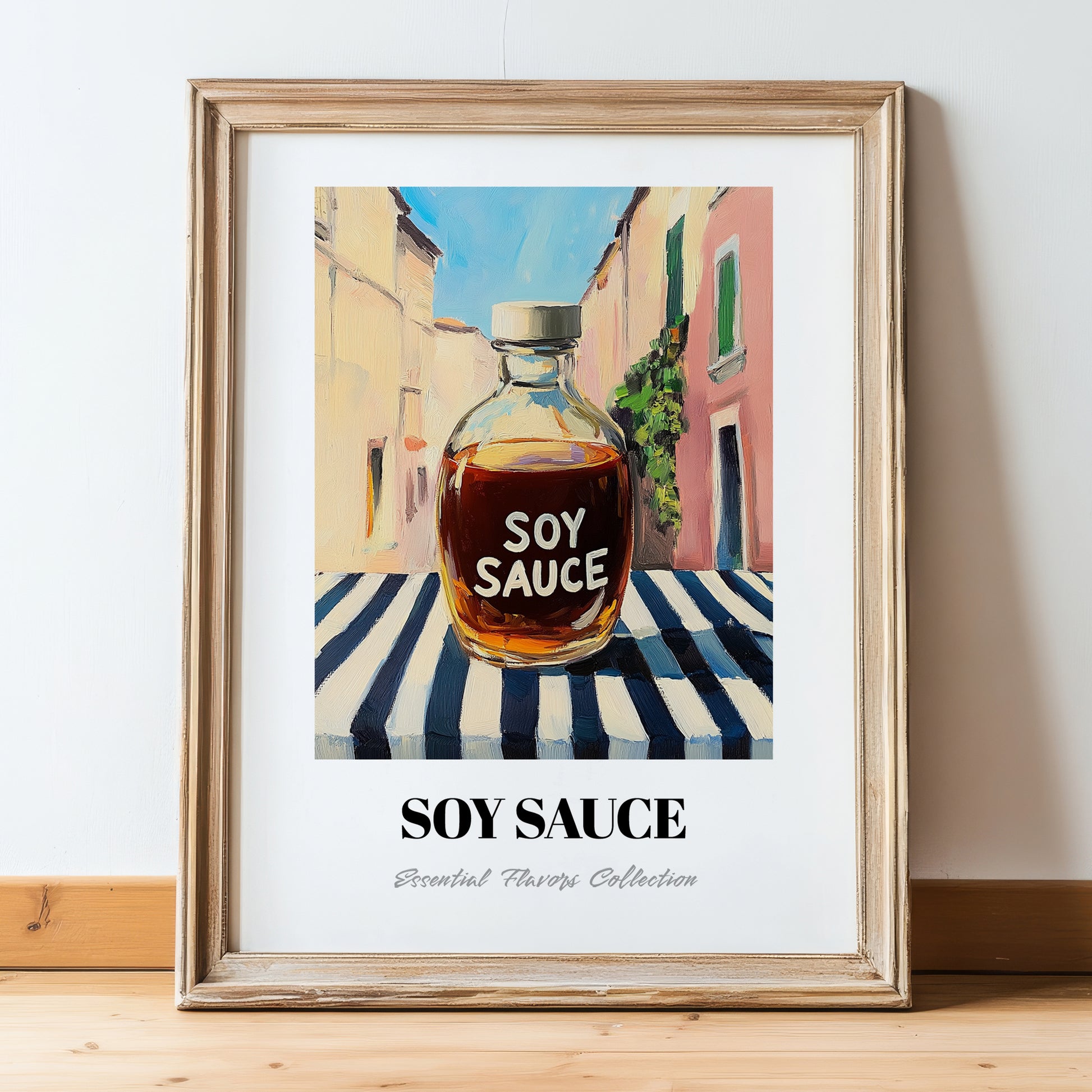 Soy Sauce – Italian Urban Café Scene, Kitchen Storage Wall Print, in wooden frame leaning on the floor