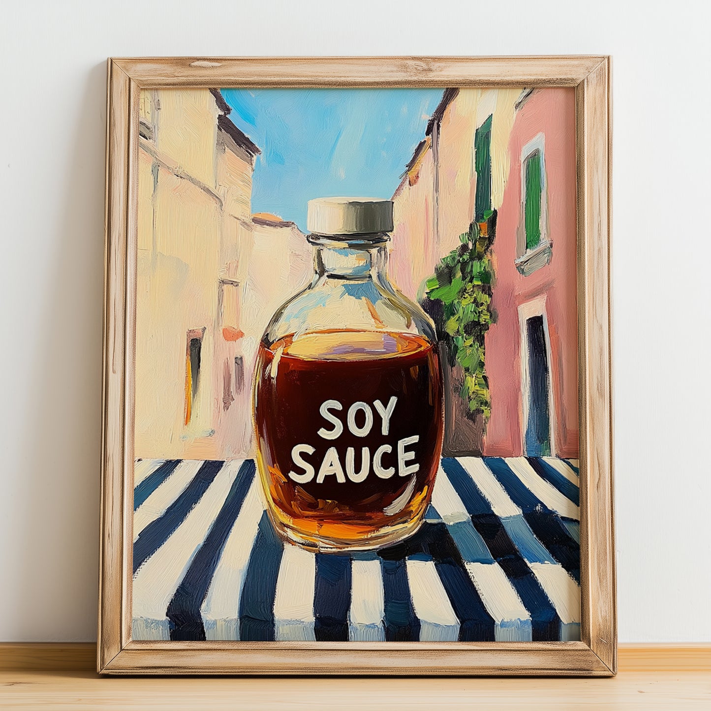 Soy Sauce – Italian Urban Café Scene, Kitchen Storage Wall Print, no-text version framed in wood