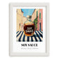 Soy Sauce – Italian Urban Café Scene, Kitchen Storage Wall Print, placed in minimal white frame