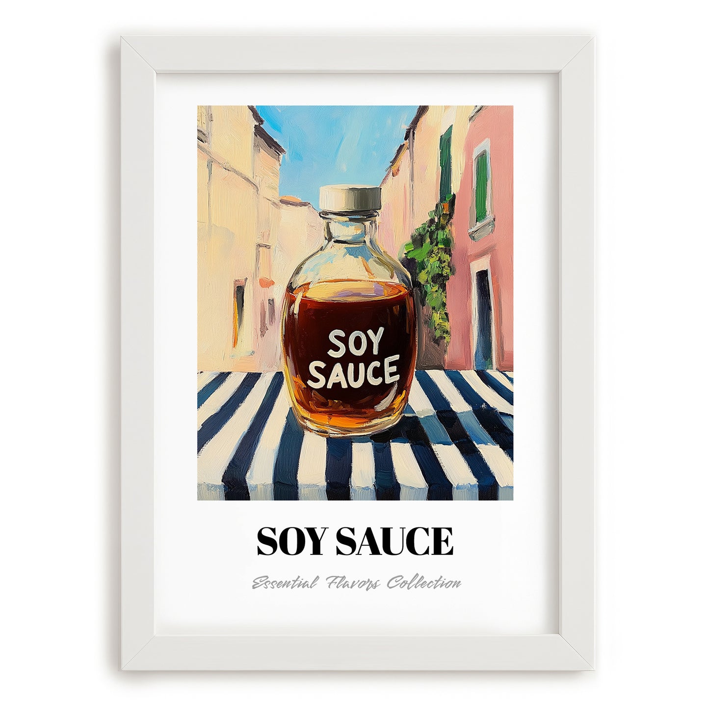 Soy Sauce – Italian Urban Café Scene, Kitchen Storage Wall Print, placed in minimal white frame