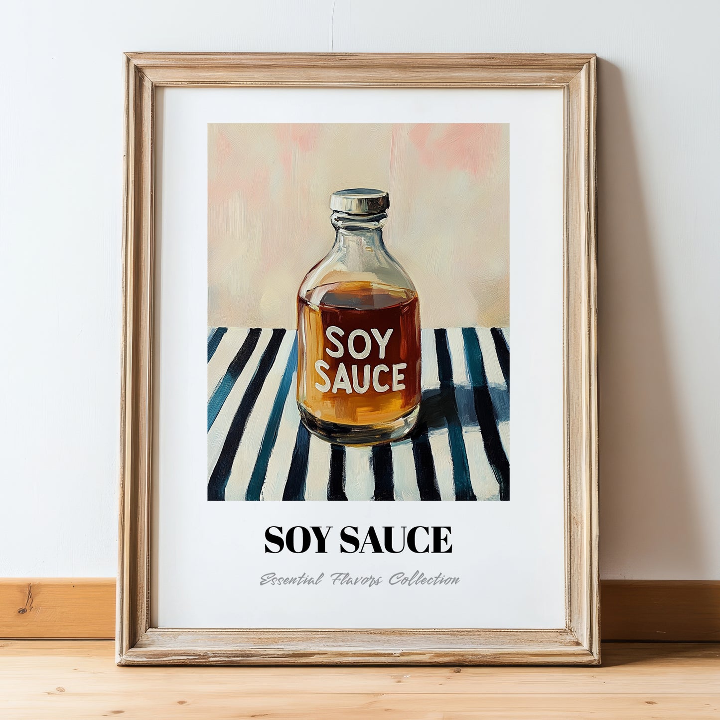 Soy Sauce – on Striped Tablecloth, Food Stash Print, in wooden frame leaning on the floor