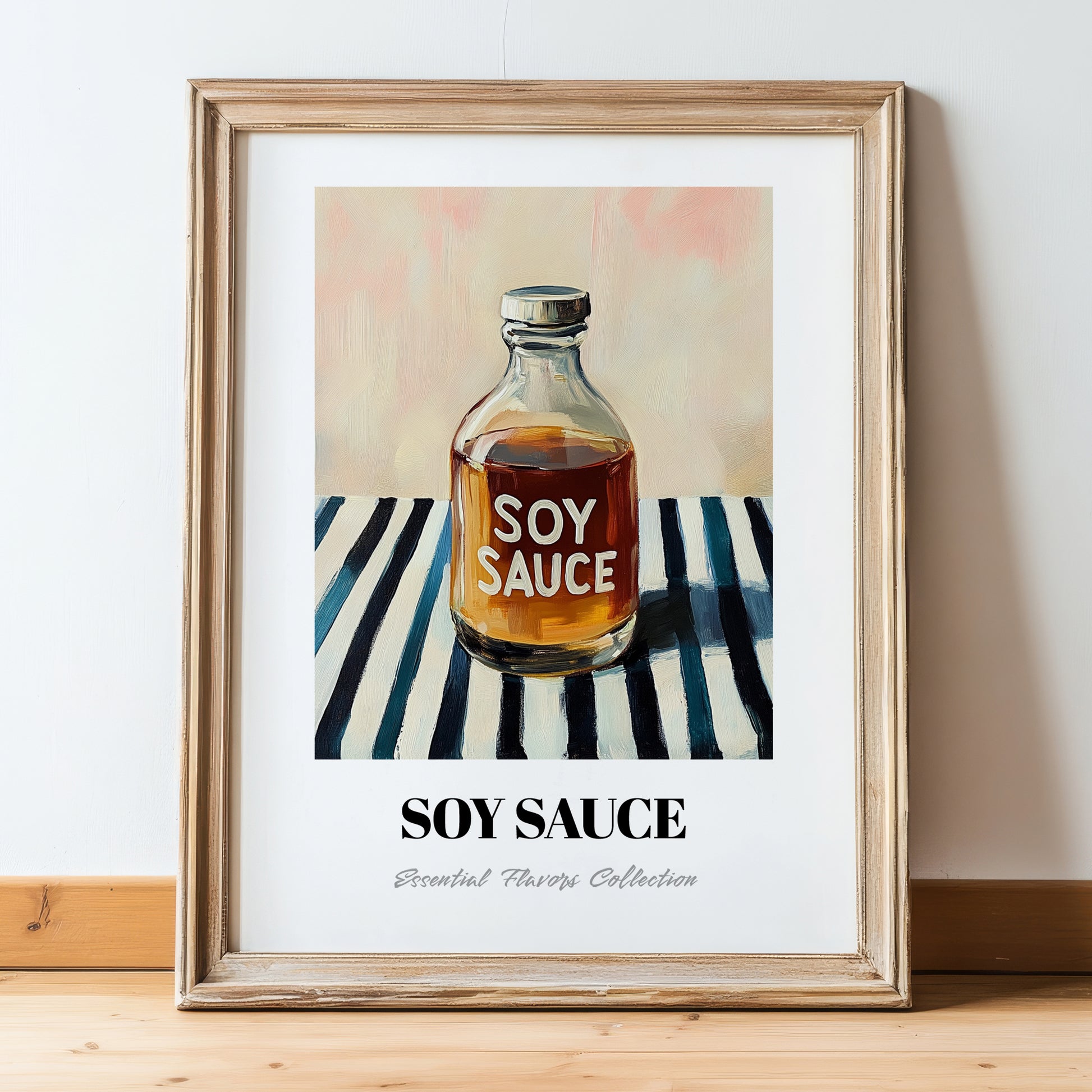 Soy Sauce – on Striped Tablecloth, Food Stash Print, in wooden frame leaning on the floor