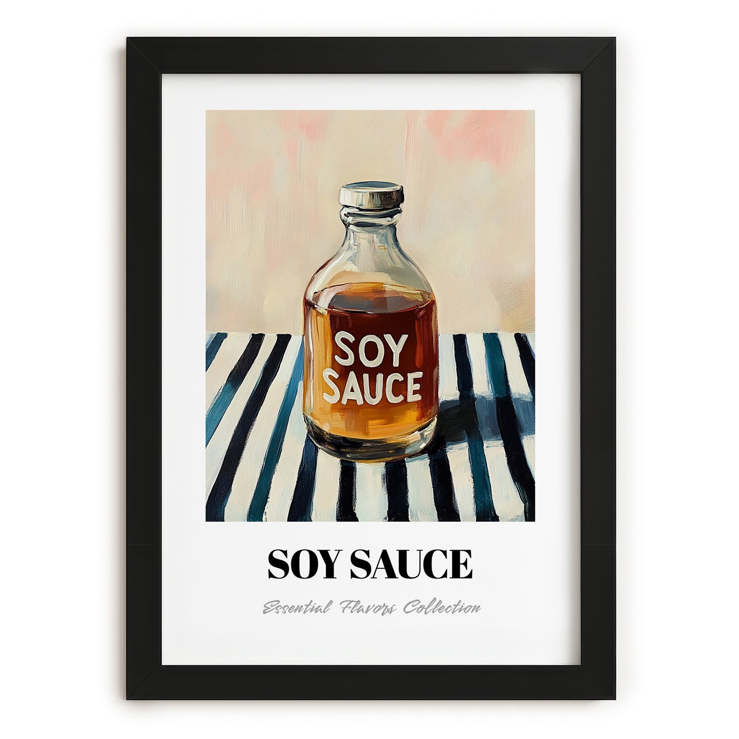 Soy Sauce – on Striped Tablecloth, Food Stash Print, in sleek black frame