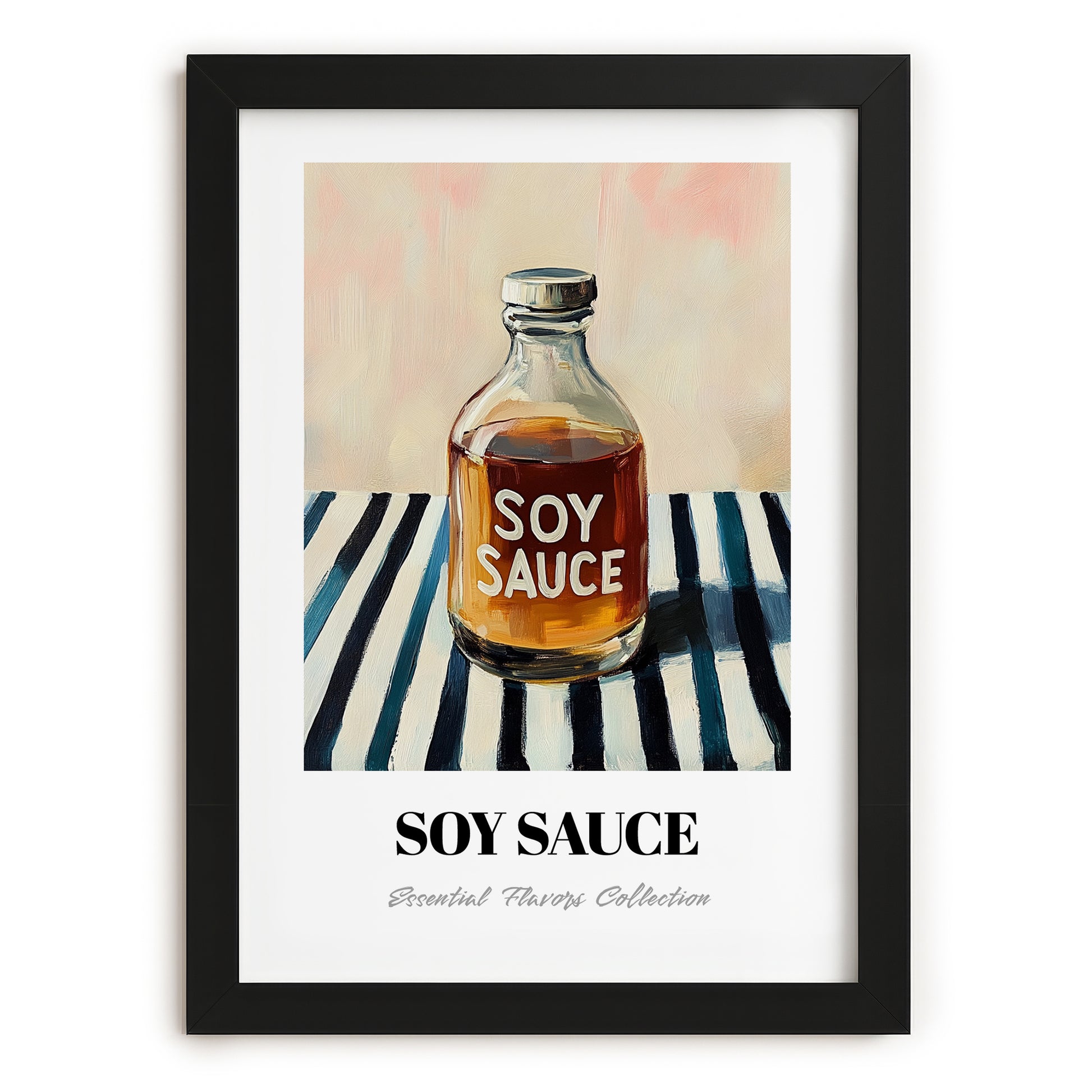 Soy Sauce – on Striped Tablecloth, Food Stash Print, in sleek black frame
