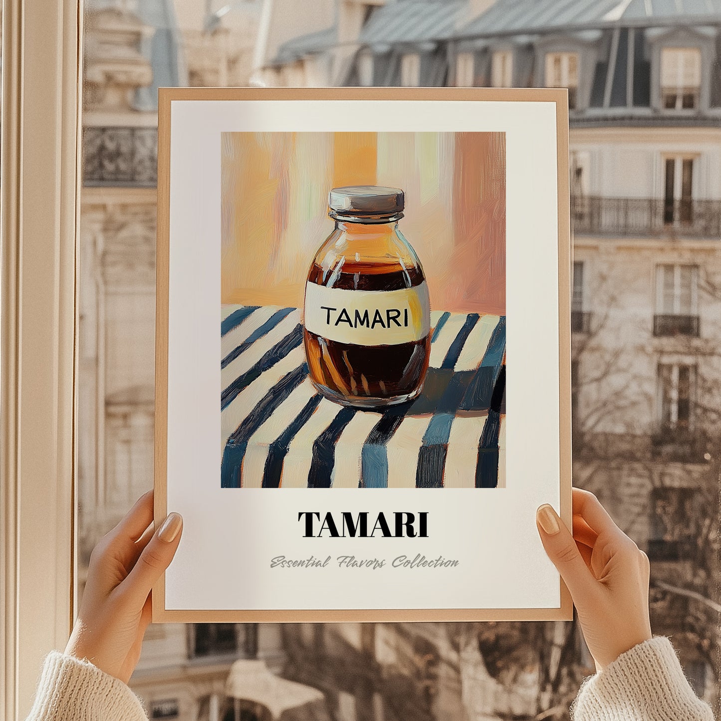 Tamari – on Striped Tablecloth, Pantry Still Life, styled in a charming Paris street view
