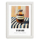 Tamari – on Striped Tablecloth, Pantry Still Life, placed in minimal white frame