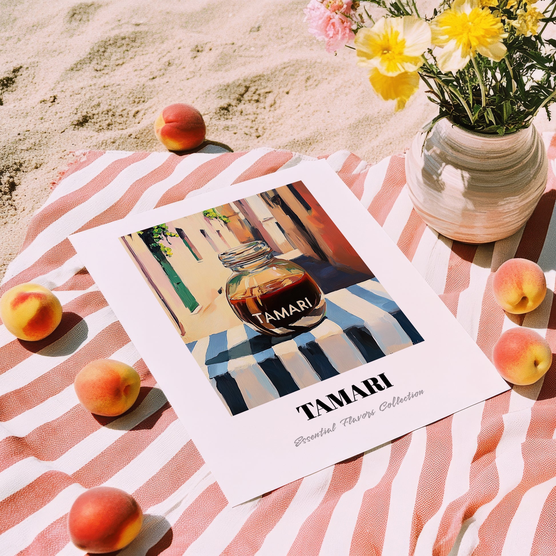 Tamari – Italian Café on the Corner, Dry Goods Illustration, unframed on coastal sand