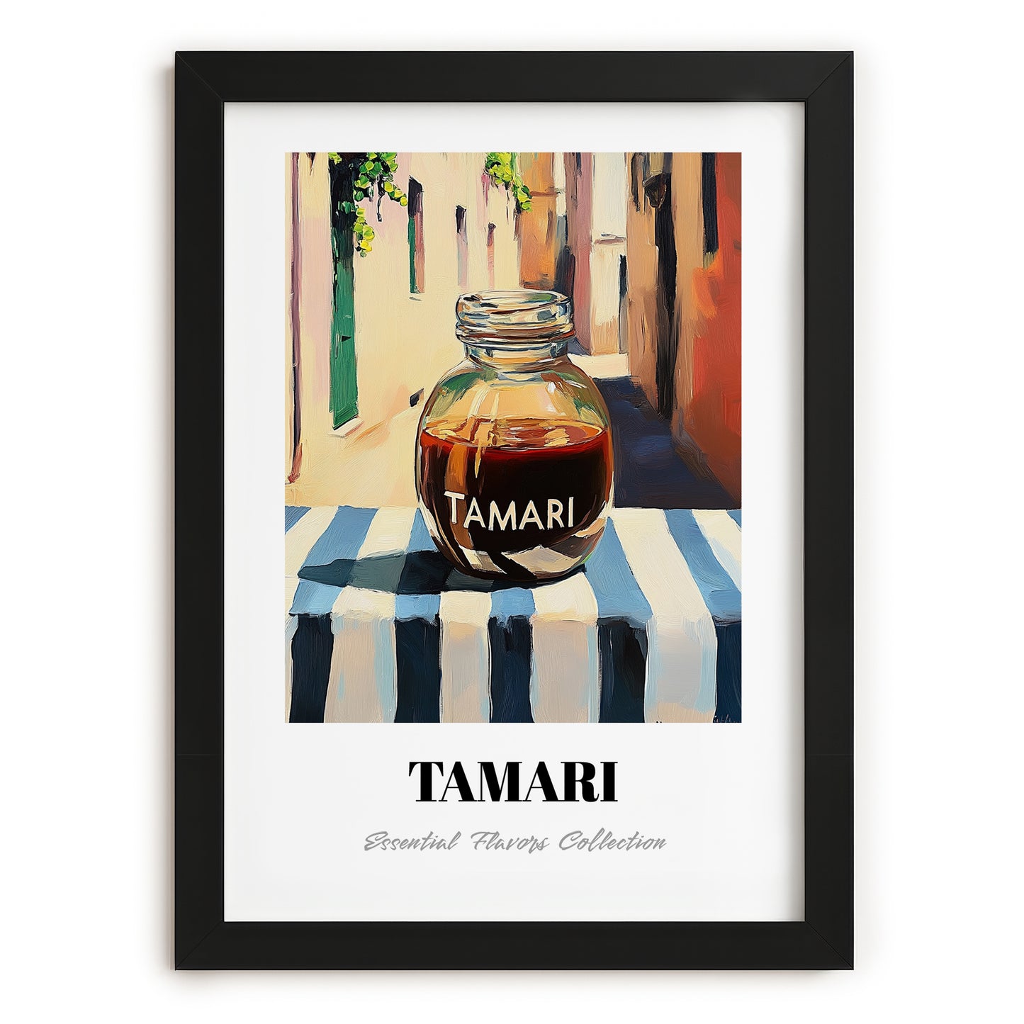 Tamari – Italian Café on the Corner, Dry Goods Illustration, in sleek black frame