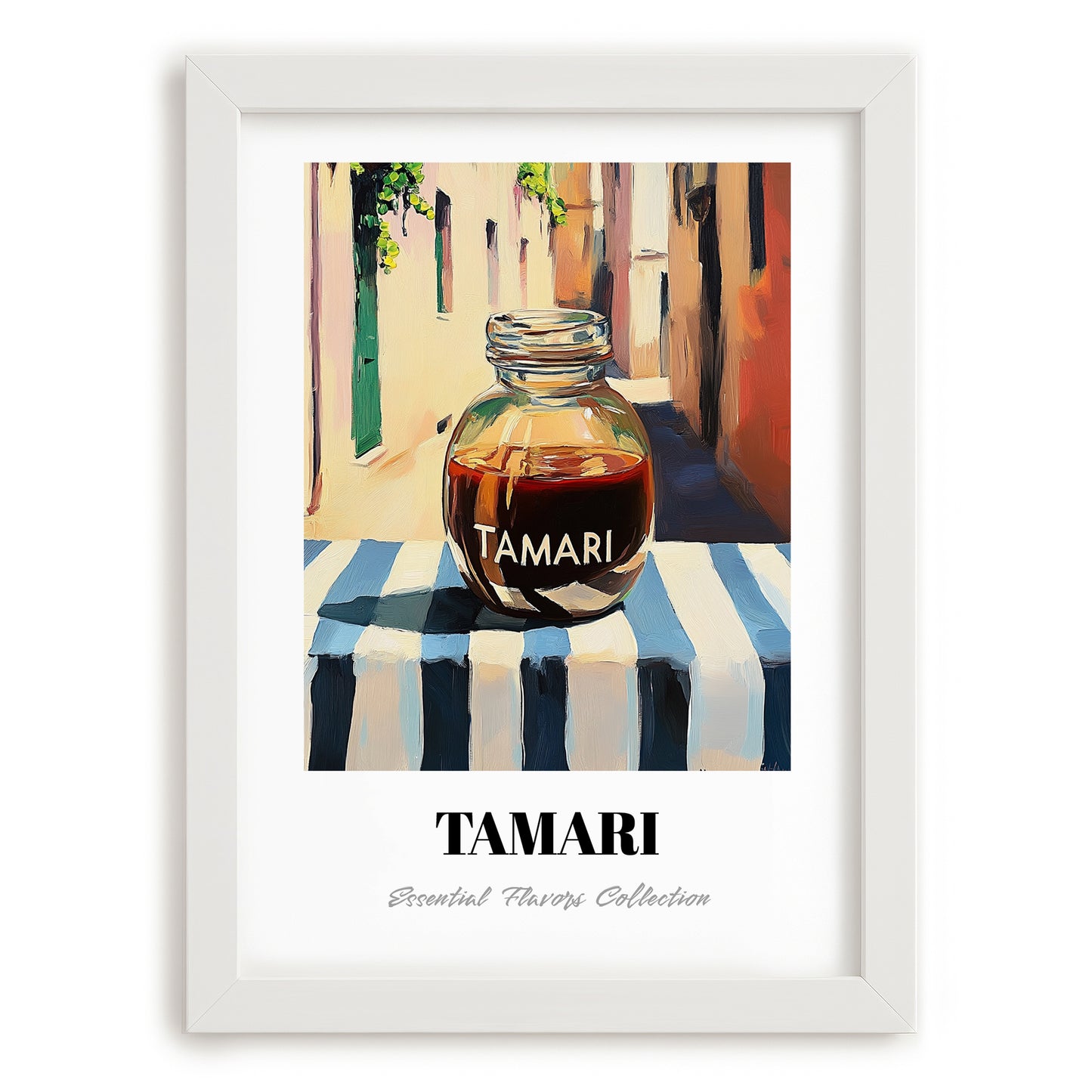 Tamari – Italian Café on the Corner, Dry Goods Illustration, placed in minimal white frame