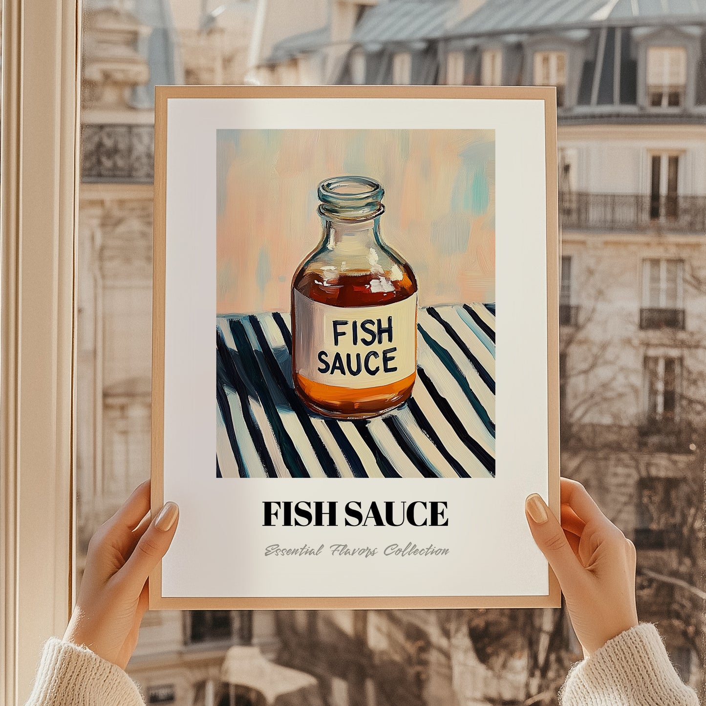 Fish Sauce – on Striped Tablecloth, Grocery Painting, styled in a charming Paris street view