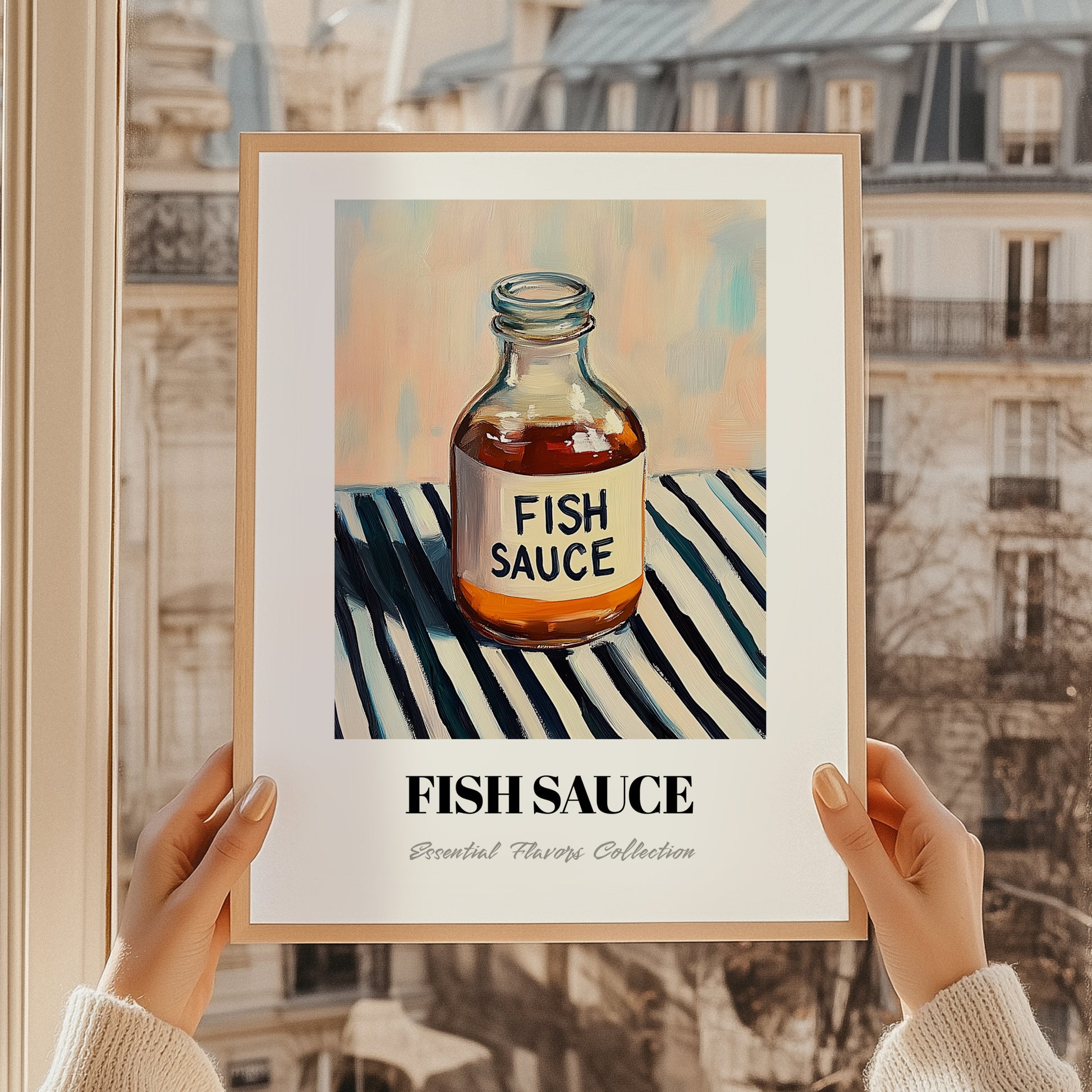 Fish Sauce – on Striped Tablecloth, Grocery Painting, styled in a charming Paris street view