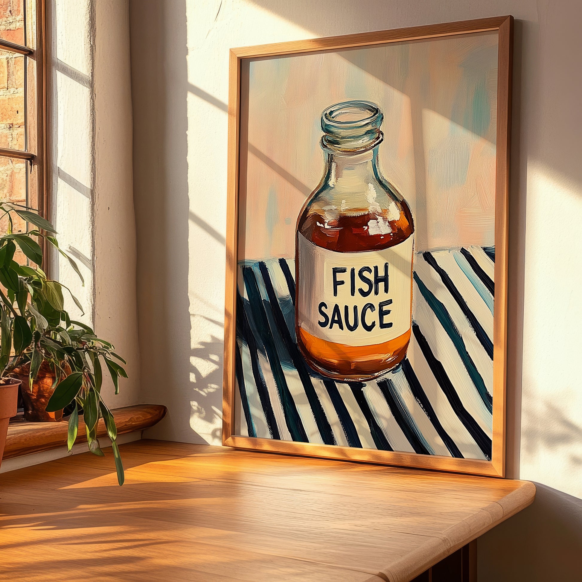 Fish Sauce – on Striped Tablecloth, Grocery Painting, clean layout with no caption