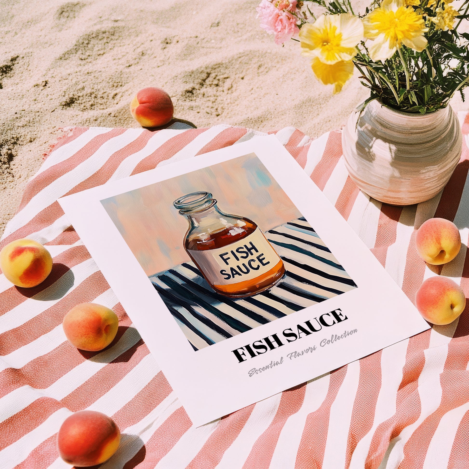 Fish Sauce – on Striped Tablecloth, Grocery Painting, unframed on coastal sand