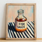 Fish Sauce – on Striped Tablecloth, Grocery Painting, no-text version framed in wood