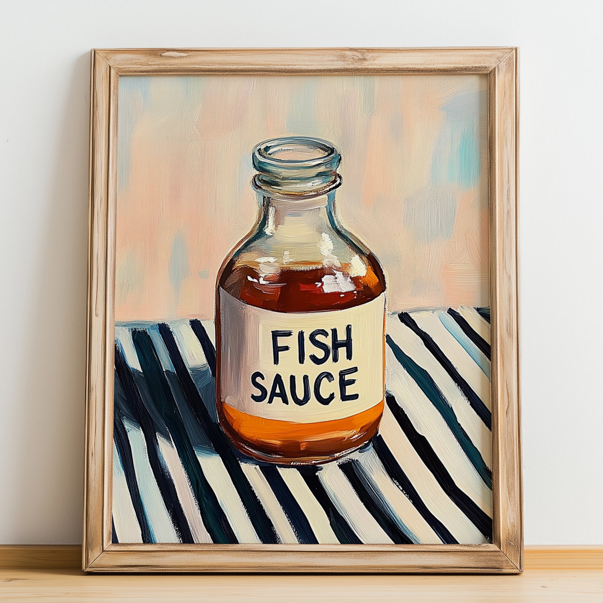 Fish Sauce – on Striped Tablecloth, Grocery Painting, no-text version framed in wood
