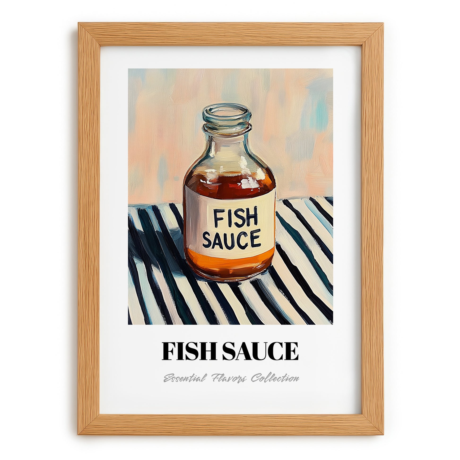 Fish Sauce – on Striped Tablecloth, Grocery Painting, set in oak frame
