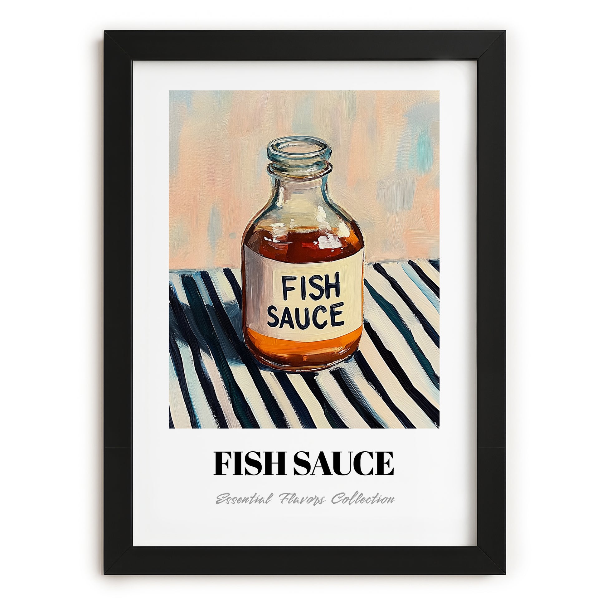 Fish Sauce – on Striped Tablecloth, Grocery Painting, in sleek black frame