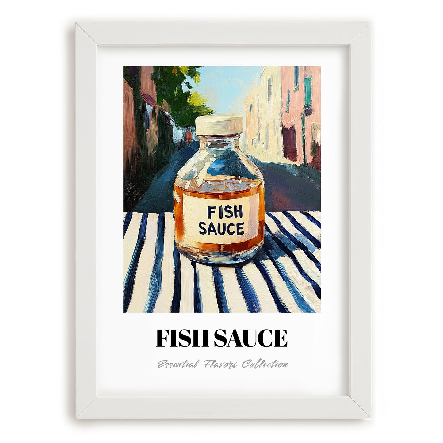 Fish Sauce – Italian Urban Café Scene, Larder Print, placed in minimal white frame